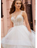 Beaded Triple Straps Ivory Tulle Ruffled Stunning Wedding Dress